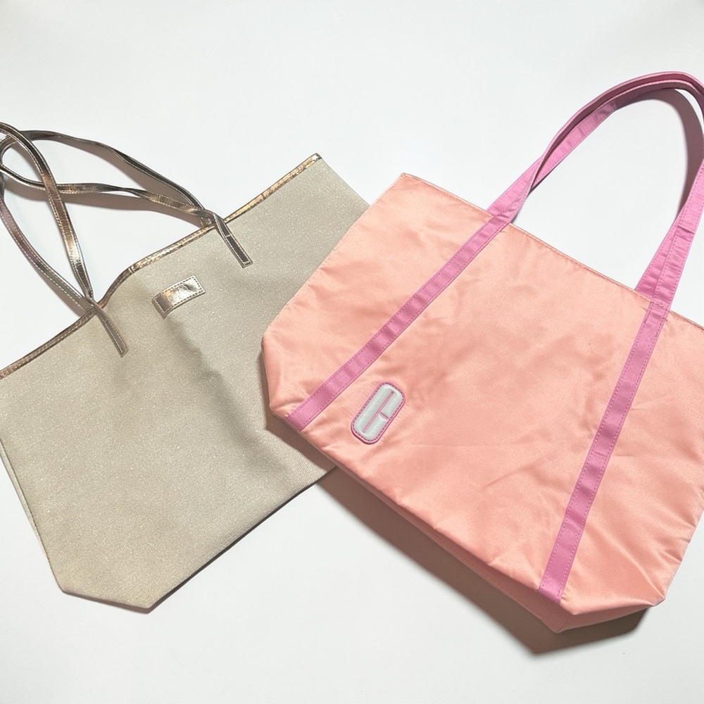 Bundle of Laura Geller Cream w/ Sparkles & Clinique Peach/Pink Totes NEW